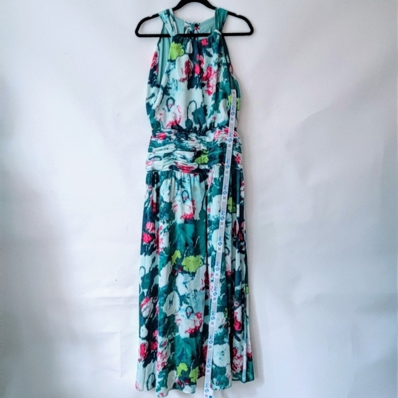 UNGARO Maureen Halter Maxi Dress M  Floral Blue Multi Ruched Waist Sleeveless - Picture 15 of 16